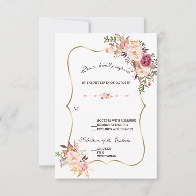 Charm Gold Blush Pink Floral Wedding RSVP Card (Front)