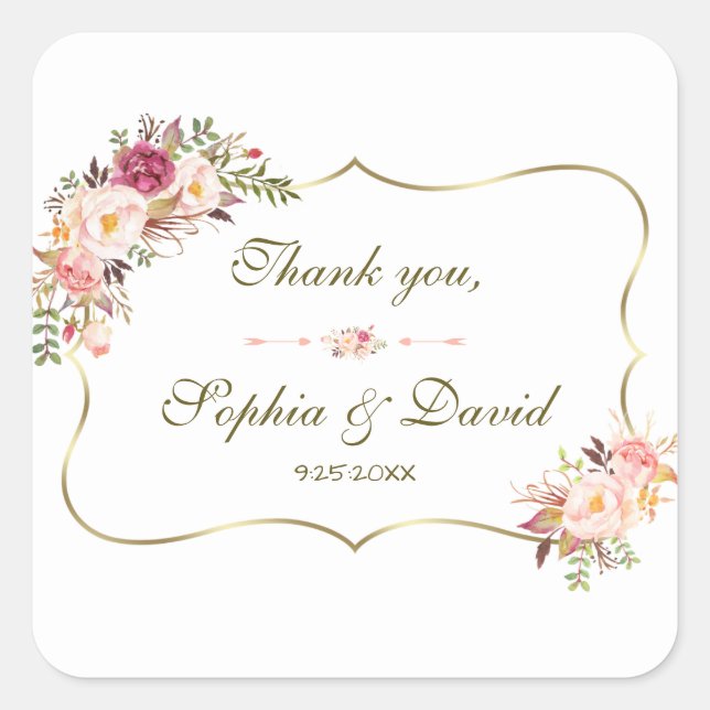 Charm Gold Blush Pink Floral Wedding Square Sticker (Front)