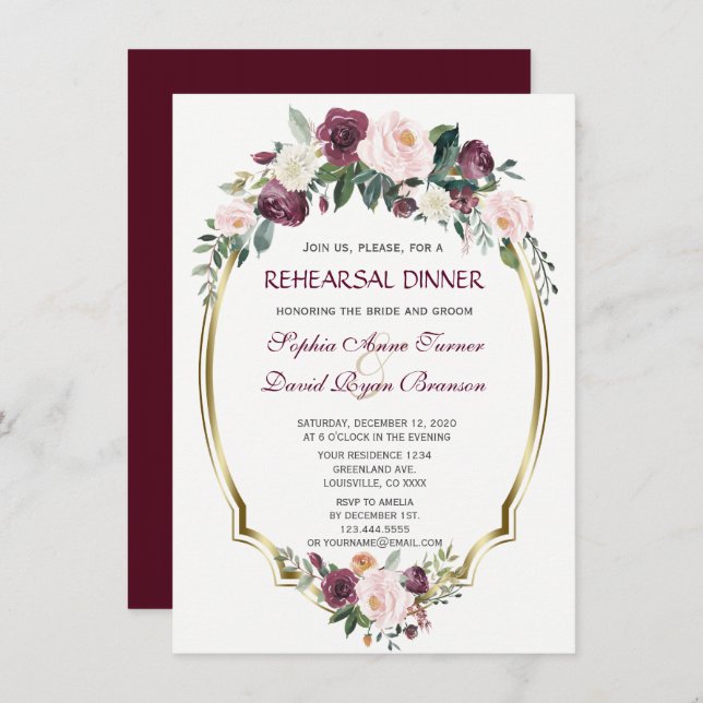 Charm Gold Burgundy Blush Floral Rehearsal Dinner Invitation (Front/Back)