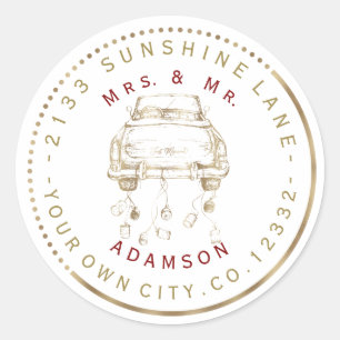 Charm Gold Car Just Married Circular Address Label