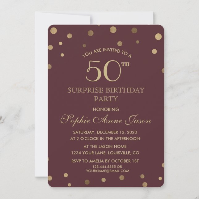 Charm Gold Confetti Burgundy 50th Birthday Party Invitation (Front)