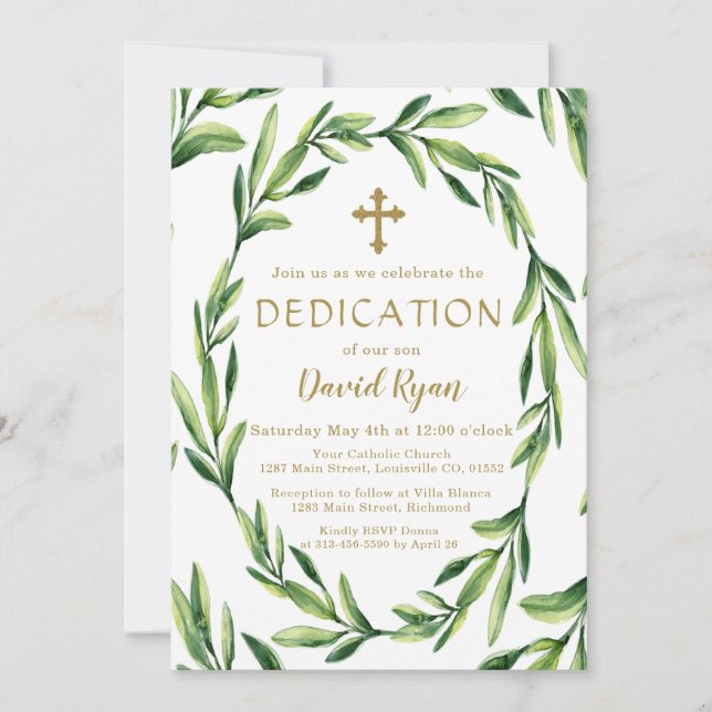 Charm Greenery Leaves Wreath Gold Boy Dedication Invitation (Front)