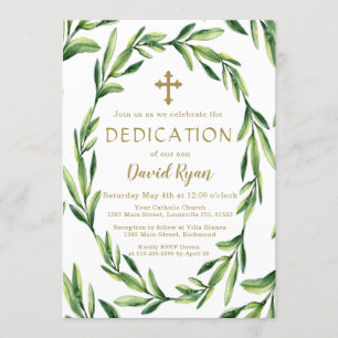 Charm Greenery Leaves Wreath Gold Boy Dedication Invitation