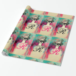 CHARM /Lady With Mask Monogram Pink Teal Green Wrapping Paper