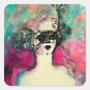 CHARM /Lady With Mask Pink Teal Green Square Sticker