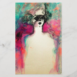 CHARM /Lady With Mask,Pink Teal Green Stationery