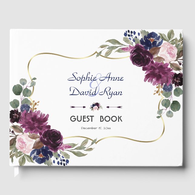 Charm Lavender Navy Gold Floral Bloom Wedding Guest Book (Front)
