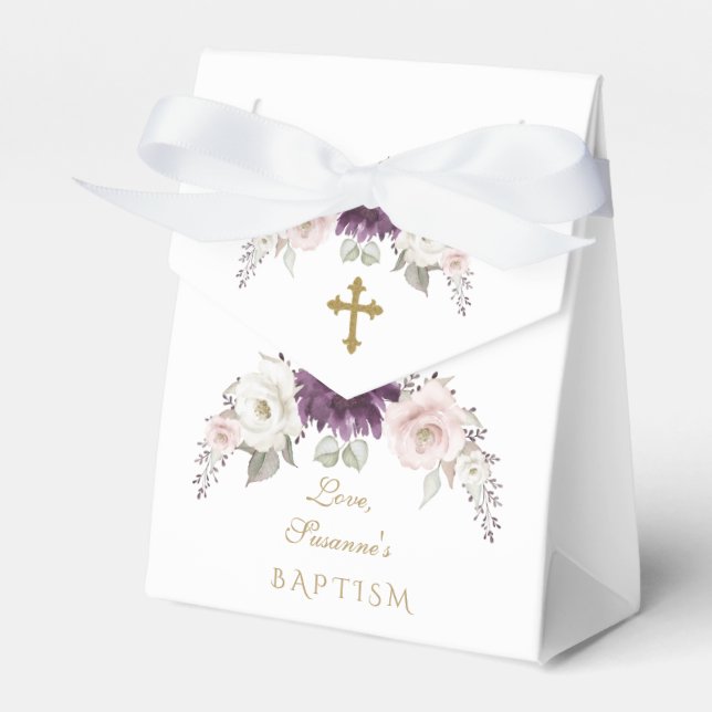 Charm Lavender Pink Blush Flowers Monogram Baptism Favor Box (Front Side)