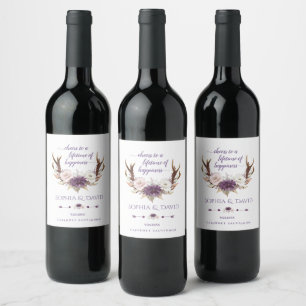 Charm Lavender Pink White Flowers Antlers Wedding Wine Label