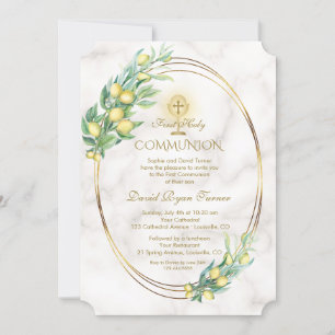 Charm Lemon Branches Marble Gold Holy Communion Invitation