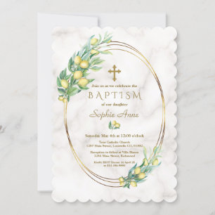 Charm Lemon Fruits Marble Gold Cross Baptism Invitation