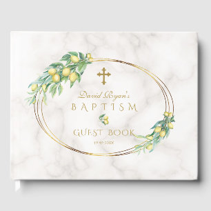 Charm Lemon Fruits Marble Gold Cross Boy Baptism Guest Book