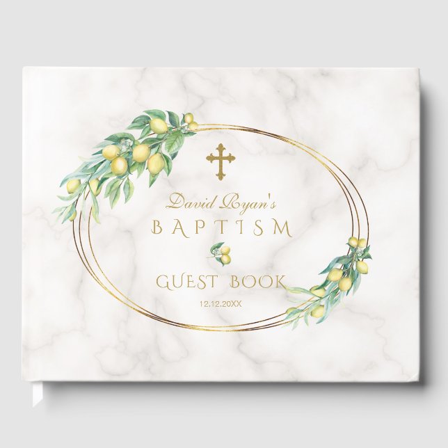 Charm Lemon Fruits Marble Gold Cross Boy Baptism Guest Book (Front)