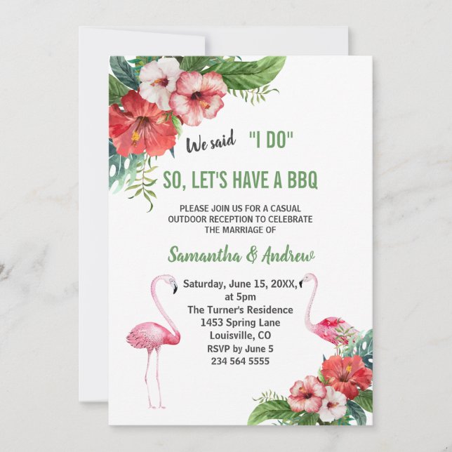 Charm Luau Flamingo Floral I DO BBQ Invite (Front)