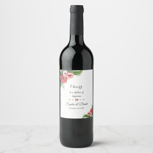 Charm Luau Flamingo Tropical Floral Wedding Wine Label (Front)