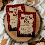 Charm Lumberjack Little Hunter Baby Shower Invitation<br><div class="desc">Rustic,  hunting theme look design: an old paper shape with dotted frame,  one bear,  a moose,  fir trees and two hatchets,  all on a red black buffalo plaid as background. Use Customize tool to add your info. Red Buffalo Plaid/Lumberjack Birthday Collection.</div>