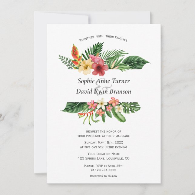 Charm Lush Tropical Flowers Leaves Frame Wedding Invitation (Front)