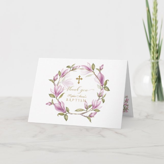 Charm Magnolia Flowers Gold Photo Girl Baptism Thank You Card (Front)