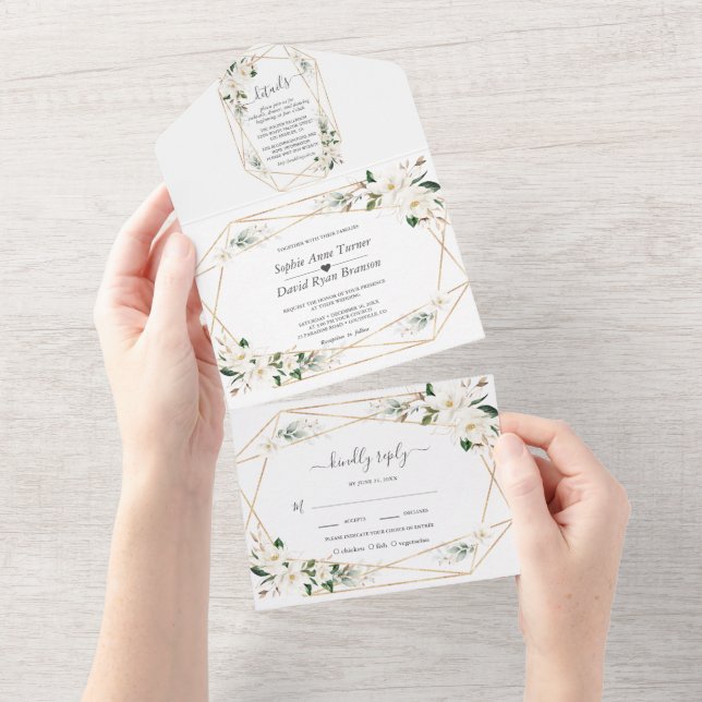 Charm Magnolia Flowers Rose Gold Wedding  All In One Invitation (Tearaway)