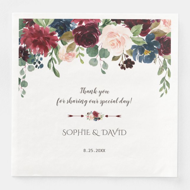 Charm Merlot Navy Blue Floral Wedding Napkin (Front)