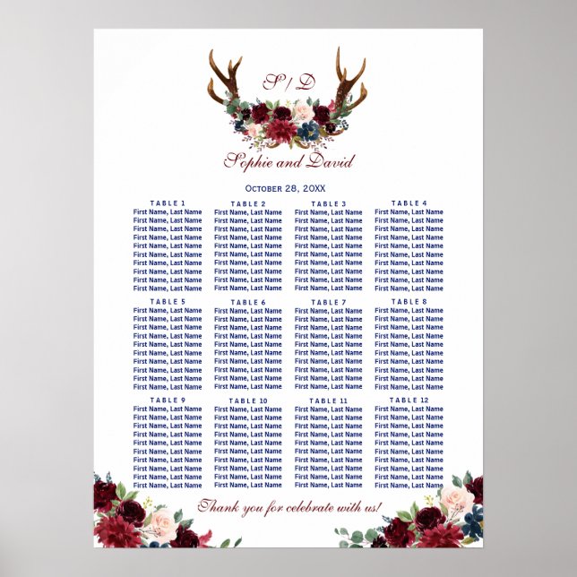 Charm Merlot Navy Floral Antlers Seating Chart (Front)