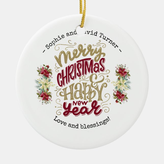 Charm Merry Christmas Happy New Year Typography Ceramic Ornament (Front)