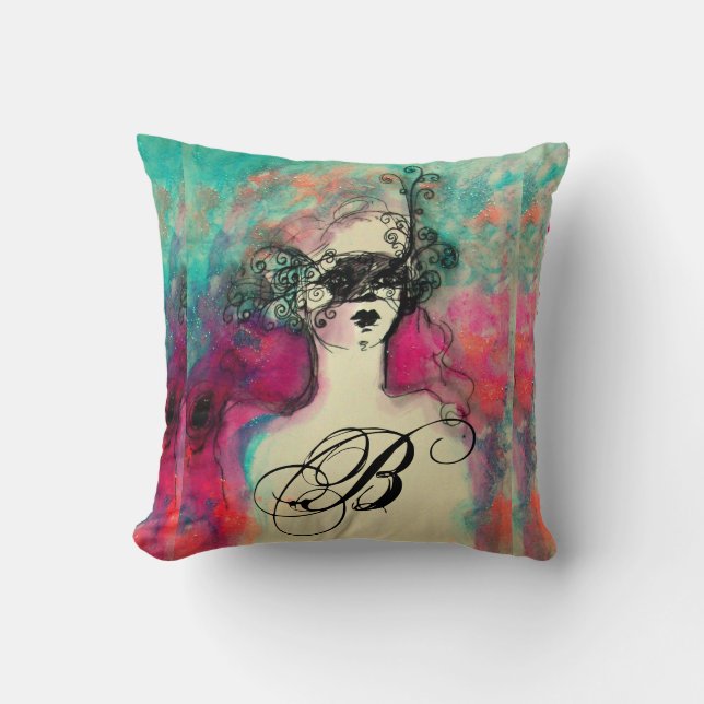 CHARM MONOGRAM Lady With Mask Throw Pillow (Front)