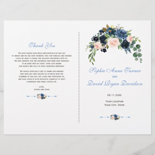Charm Navy Blue Blush Flowers Bloom Program Flyer (Front)