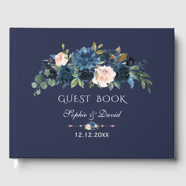 Charm Navy Blue Blush Flowers Bloom Wedding Guest Book (Front)