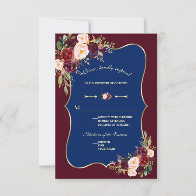 Charm Navy Blue Bourgogne Floral Gold Wedding RSVP (Devant)