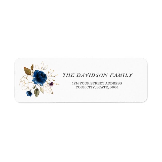 Charm Navy Blue Gold Floral Baptism Return Address (Front)