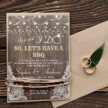 Charm Old Wood Lace String Lights After I DO BBQ Invitation<br><div class="desc">Charming Old Wood Lace String Lights; After We said I DO, let’s have a BBQ Unique card design featuring string lights, elegant lace corners, string lights, "I DO" with a ring replacing letter "O", on an old wood background. Use Personalise tool to add your info. See, also, my Vintage Lace...</div>