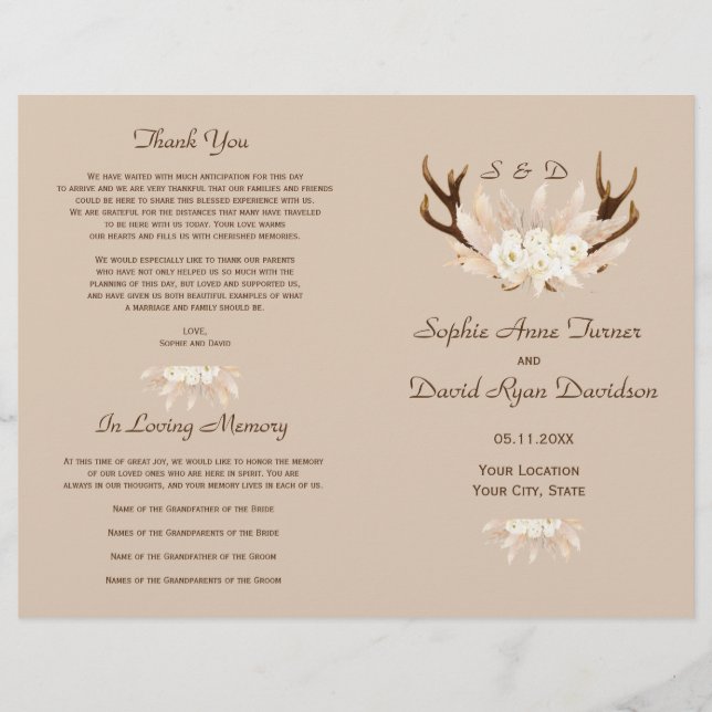 Charm Pampas Grass Floral Antlers Wedding Program (Front)