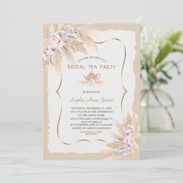 Charm Pampas Grass Orchid Roses Bridal Tea Party  Invitation (Standing Front)