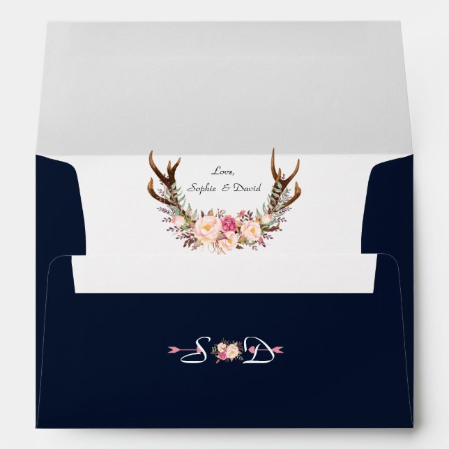 Charm Pink Blush Floral Antlers Navy Blue Wedding Envelope (Back (Bottom))