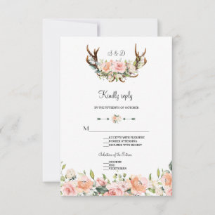Charm Pink Blush Floral Antlers Wedding RSVP Card