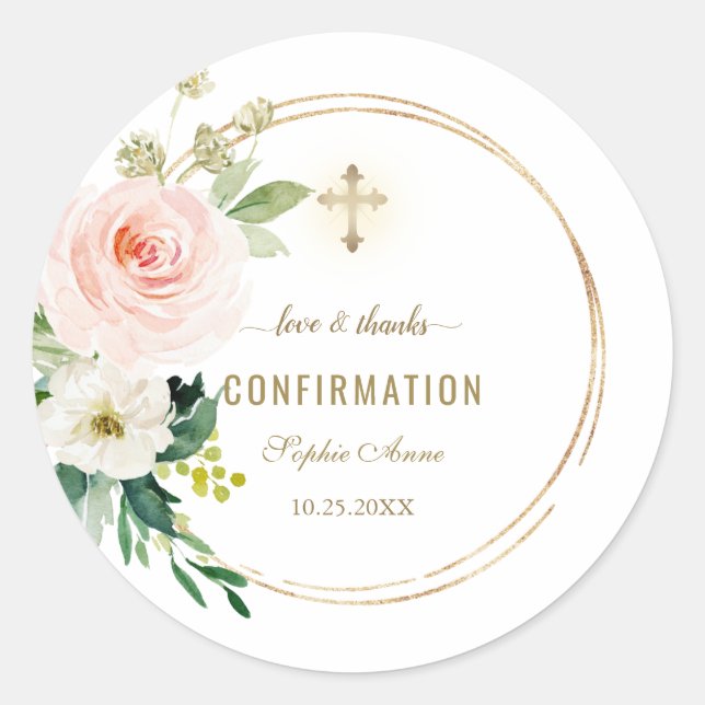 Charm Pink Blush Floral Gold Cross Confirmation  Classic Round Sticker (Front)