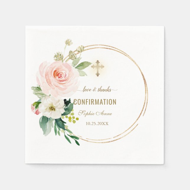 Charm Pink Blush Floral Gold Cross Confirmation  Napkin (Front)