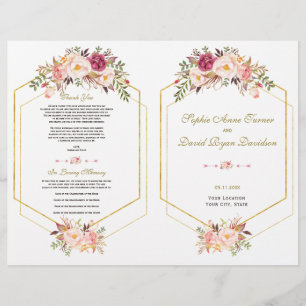 Charm Pink Blush Floral Gold Frame Wedding Program
