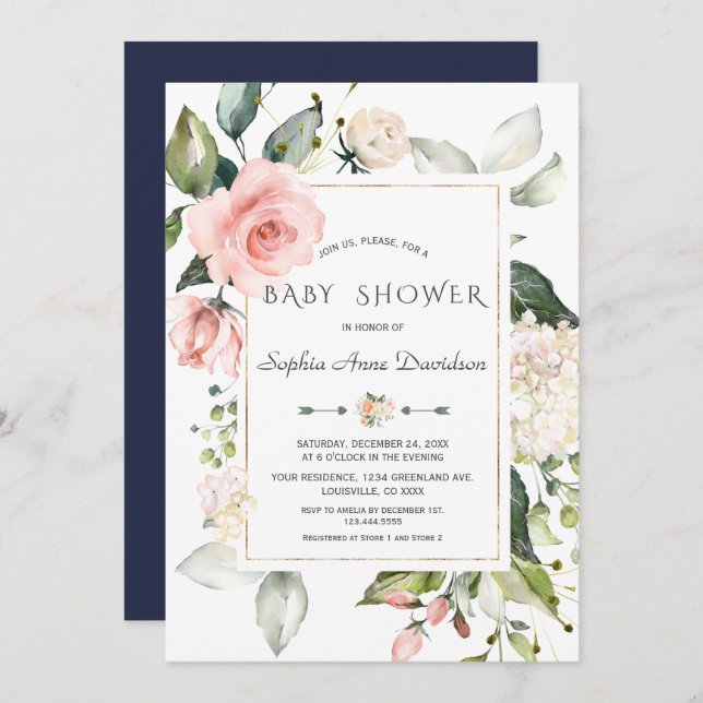 Charm Pink Blush Flowers Frame Baby Shower Invitation (Front/Back)