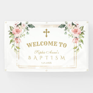Charm Pink Blush Flowers Gold Baptism Welcome Sign
