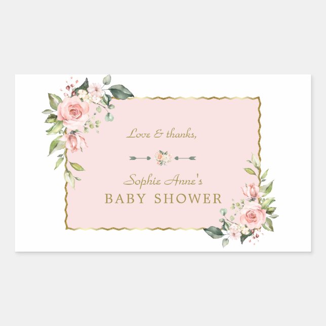 Charm Pink Blush Flowers Gold Frame Baby Shower Sticker (Front)