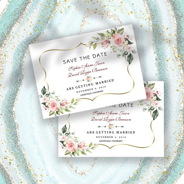 Charm Pink Blush Flowers Gold Frame Wedding Save The Date (Creator Uploaded)