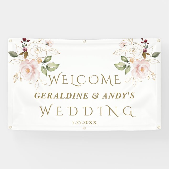 Charm Pink Blush Flowers Gold Wedding Welcome Sign (Horizontal)