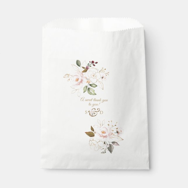 Charm Pink Blush Gold Flowers Monogram Wedding Favour Bag (Front)