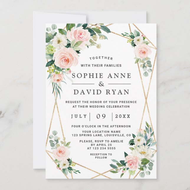 Charm Pink Blush White Flowers Gold Wedding Invitation (Front)