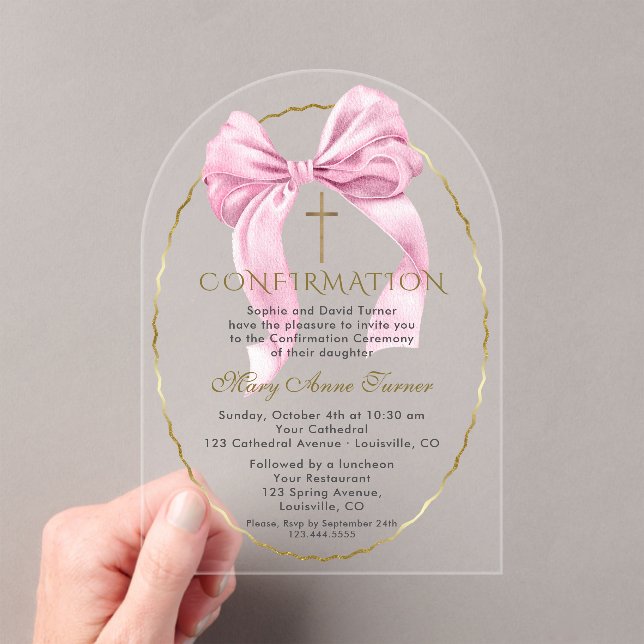 Charm Pink Bow Gold Girl Confirmation Transparent Acrylic Invitations (Insitu (Handheld))