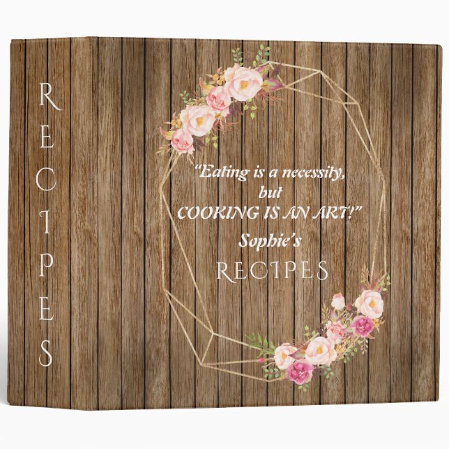 Charm Pink Floral Gold COOKING IS AN ART Recipes Binder (Front/Spine)