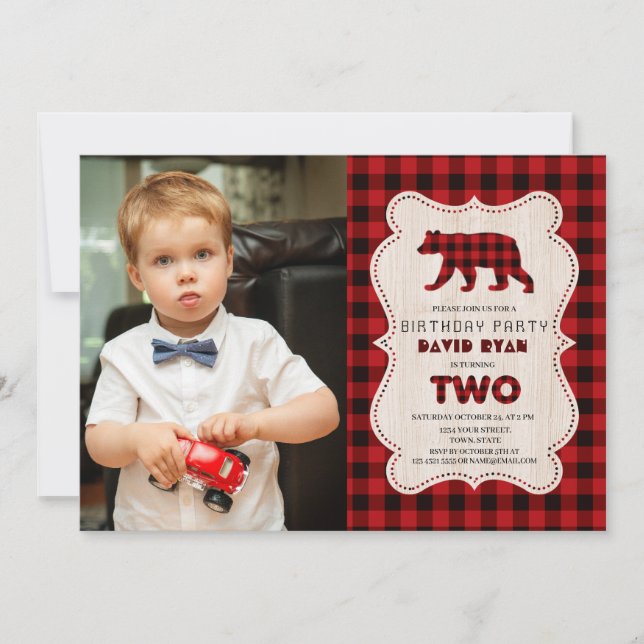 Charm Red Buffalo Lumberjack Photo 2nd Birthday Invitation (Front)