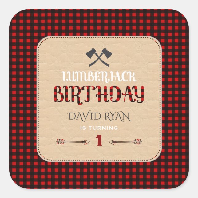 Charm Red Buffalo Plaid Birthday Any Age Square Sticker (Front)